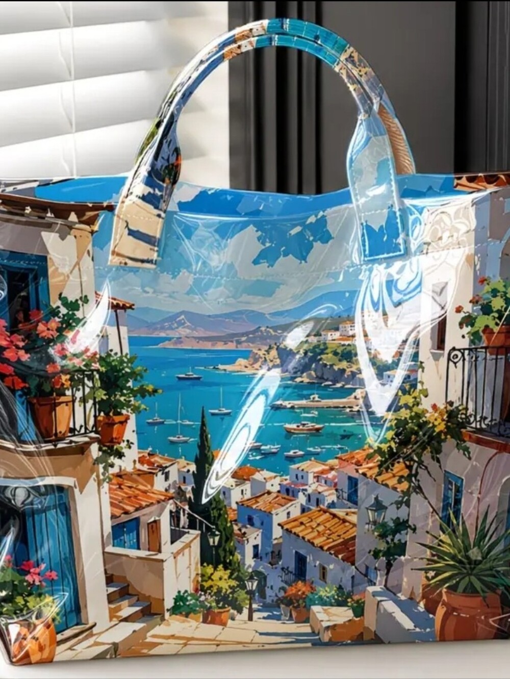 Women Large Mediterranean Santorini Scenery Capacity Shoulder Tote - Picture 6 of 7